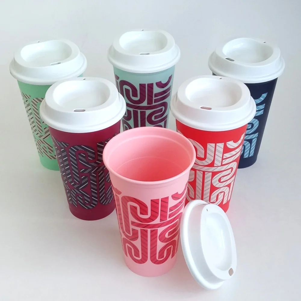 Starbucks Set of 6 Color Changing Reusable 16oz Hot Travel Cups With 6 Lids